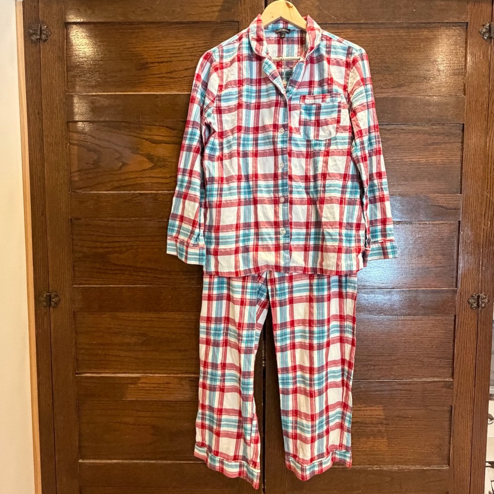 Talbots medium red blue Plaid Pajama set PJs cotton soft button up long sleeve
